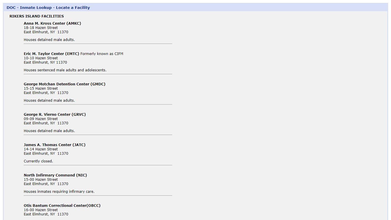 DOC - Inmate Lookup - Locate a Facility - New York City